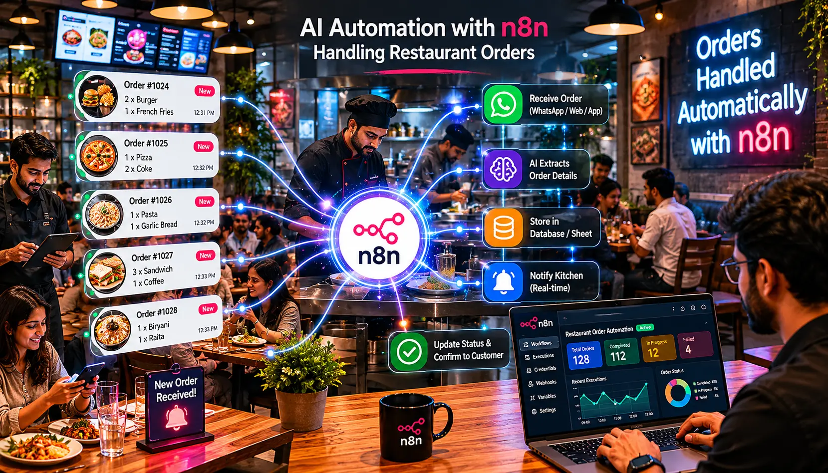 Restaurant order automation with n8n handling WhatsApp and app orders in real time